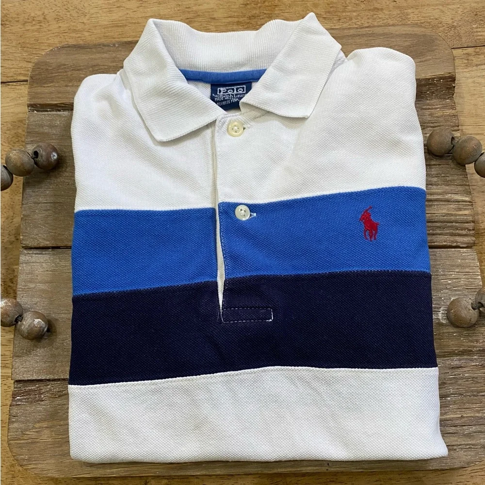 Vintage Polo by RL Boy’s Small Blue/White‎ Stripe Pique Knit Short Sleeve Polo